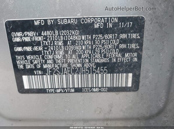 JF2SJAEC2JH515455 2018 SUBARU FORESTER 2.5 Серебряный Вид подкапотного пространства