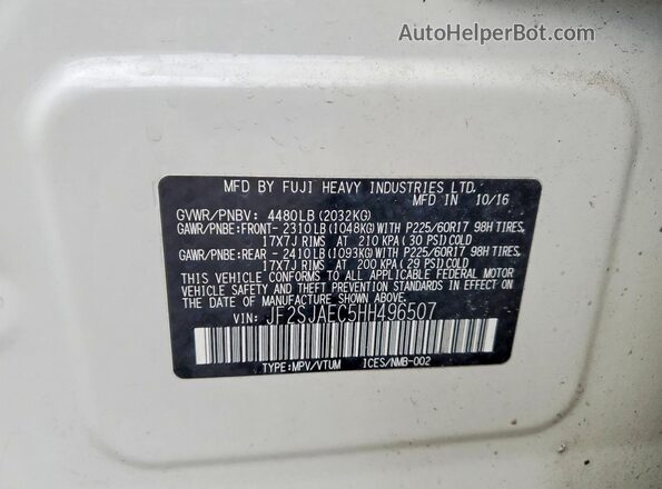 JF2SJAEC5HH496507 2017 SUBARU FORESTER 2.5 White Vista interior de 360 grados