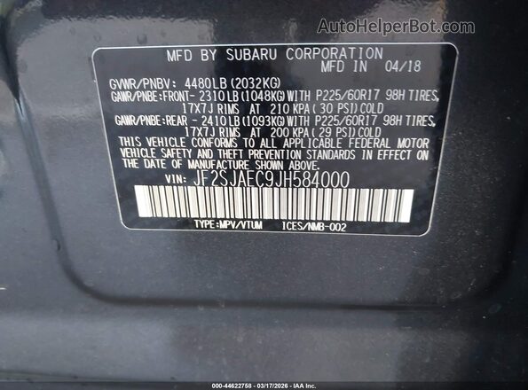 JF2SJAEC9JH584000 2018 SUBARU FORESTER 2.5 Серый Вид подкапотного пространства