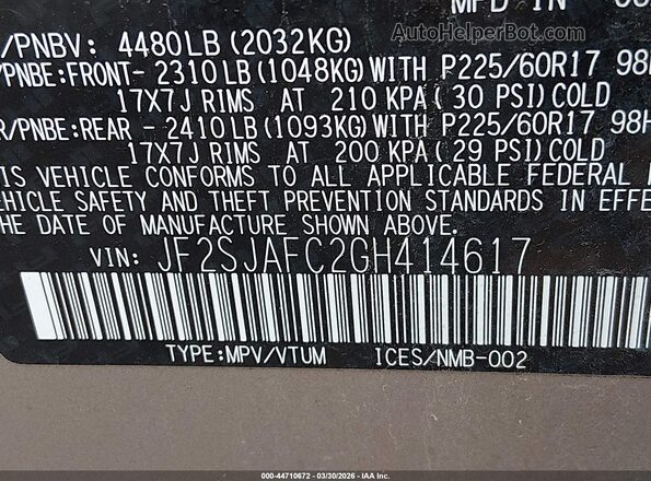 JF2SJAFC2GH414617 2016 SUBARU FORESTER 2.5 Желто-коричневый Вид подкапотного пространства