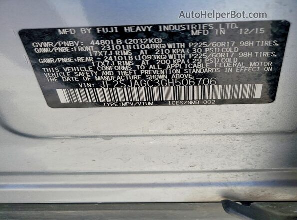 JF2SJAGC3GH506706 2016 SUBARU FORESTER 2.5 Серебряный Панорамный вид салона 360°