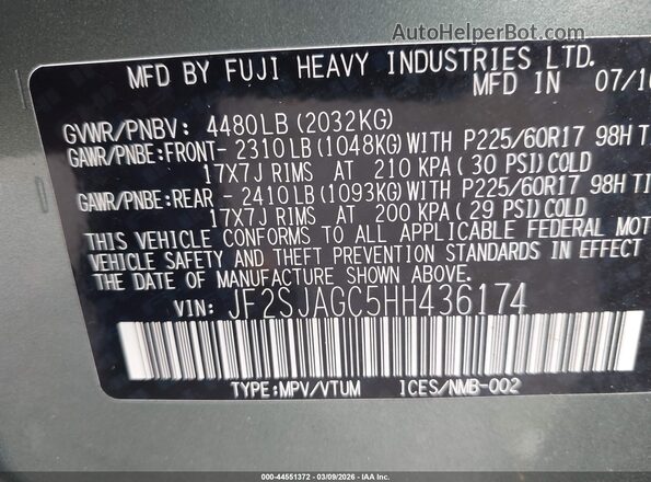 JF2SJAGC5HH436174 2017 SUBARU FORESTER 2.5 Зеленый Вид подкапотного пространства