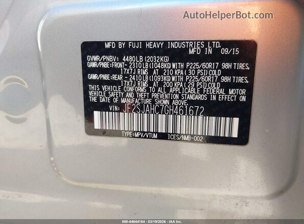 JF2SJAHC7GH461672 2016 SUBARU FORESTER 2.5 Silver Widok komory silnika