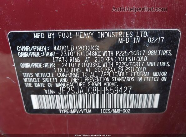 JF2SJAJC8HH559427 2017 SUBARU FORESTER 2.5 Red ძრავის განყოფილების ხედი