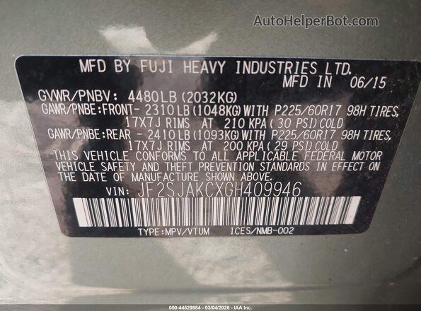JF2SJAKCXGH409946 2016 SUBARU FORESTER 2.5 Green Widok komory silnika