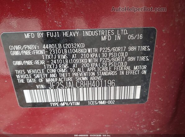 JF2SJALC8HH401196 2017 SUBARU FORESTER 2.5 Red Вид підкапотного простору