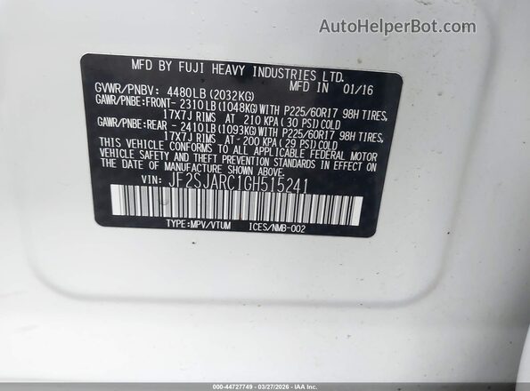 JF2SJARC1GH515241 2016 SUBARU FORESTER 2.5 Белый Вид подкапотного пространства