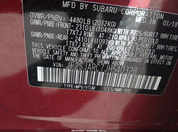 JF2SJARC7JH540328 2018 SUBARU FORESTER 2.5 Красный Вид подкапотного пространства