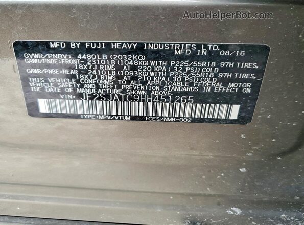 JF2SJATC9HH451265 2017 SUBARU FORESTER 2.5I TO Коричневый Вид наклейки с VIN-кодом