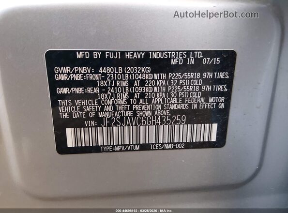 JF2SJAVC6GH435259 2016 SUBARU FORESTER 2.5I TO Серебряный Вид подкапотного пространства