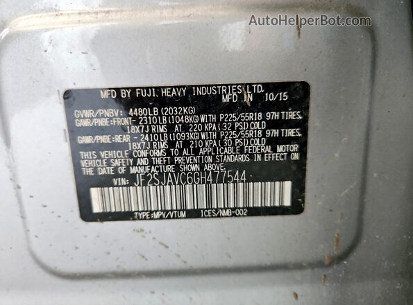 JF2SJAVC6GH477544 2016 SUBARU FORESTER 2.5I TO Серебряный Панорамный вид салона 360°