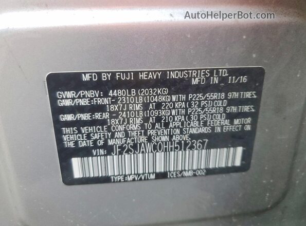 JF2SJAWC0HH512367 2017 SUBARU FORESTER 2.5I TO Серебряный Вид наклейки с VIN-кодом