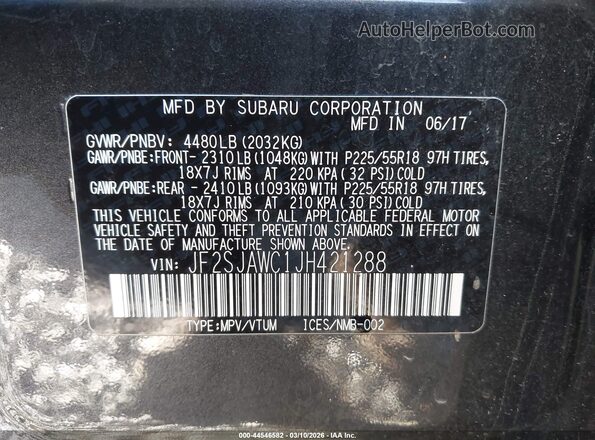 JF2SJAWC1JH421288 2018 SUBARU FORESTER 2.5I TO Серый Вид подкапотного пространства