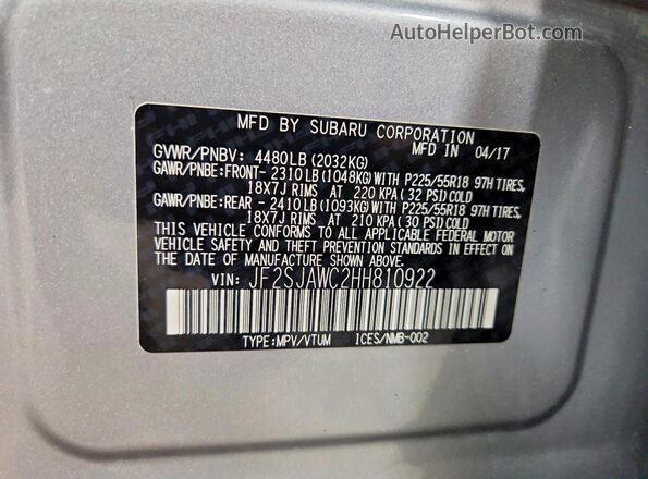 JF2SJAWC2HH810922 2017 SUBARU FORESTER 2.5I TO Серебряный Вид наклейки с VIN-кодом