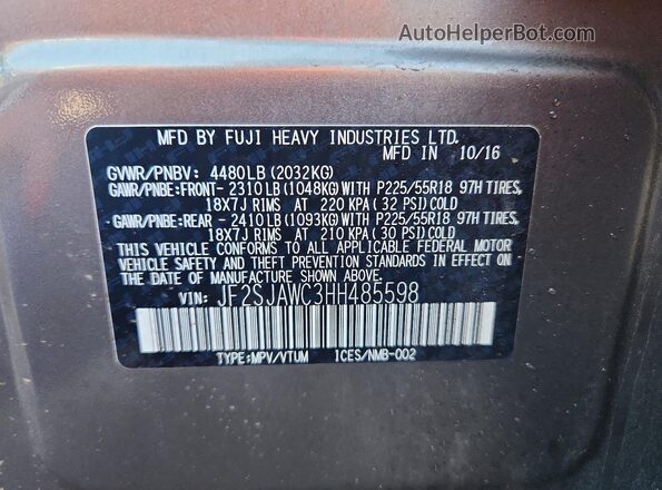 JF2SJAWC3HH485598 2017 SUBARU FORESTER 2.5I TO Коричневый Вид подкапотного пространства