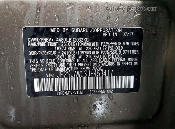 JF2SJAWC3JH453417 2018 SUBARU FORESTER 2.5I TO Tan Вид наклейки з VIN-кодом