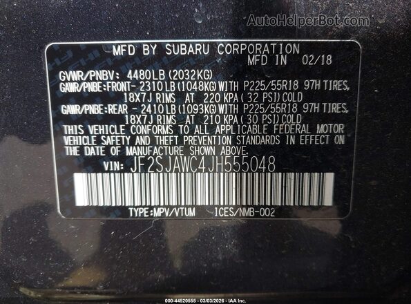 JF2SJAWC4JH555048 2018 SUBARU FORESTER 2.5I TO Черный Вид подкапотного пространства