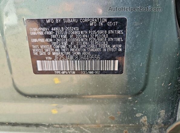 JF2SJAWC8JH449556 2018 SUBARU FORESTER 2.5I TO Зеленый Вид наклейки с VIN-кодом