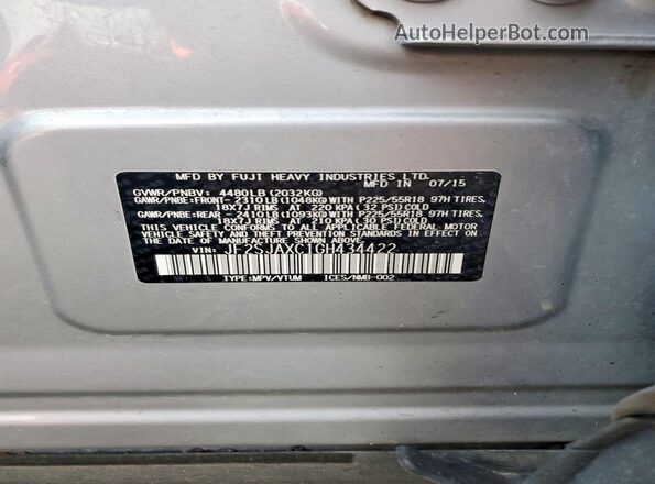 JF2SJAXC1GH434422 2016 SUBARU FORESTER 2.5I TO Серебряный Вид наклейки с VIN-кодом