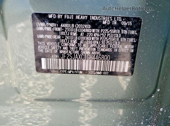 JF2SJAXC1GH446800 2016 SUBARU FORESTER 2.5I TO Green VIN կոդի պիտակի տեսք