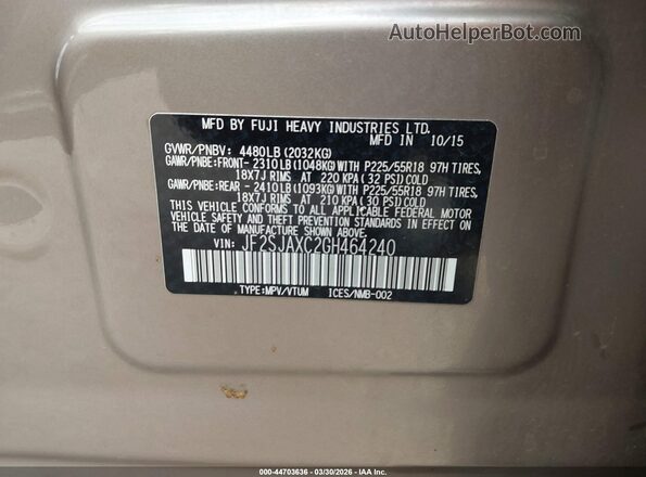 JF2SJAXC2GH464240 2016 SUBARU FORESTER 2.5I TO Gray Vista del compartimento del motor