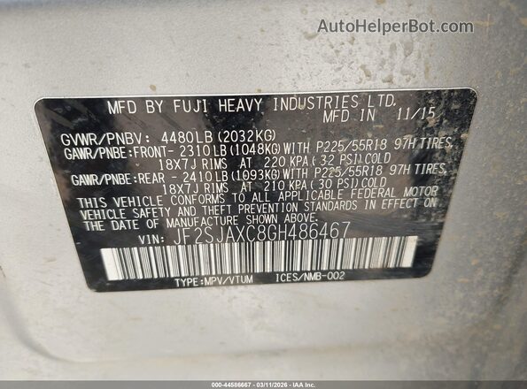 JF2SJAXC8GH486467 2016 SUBARU FORESTER 2.5I TO Серебряный Вид подкапотного пространства