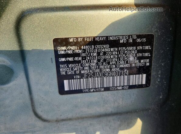 JF2SJAXC9GH407324 2016 SUBARU FORESTER 2.5I TO Green Widok naklejki z numerem VIN