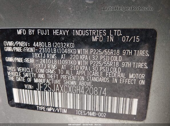 JF2SJAXCXGH420874 2016 SUBARU FORESTER 2.5I TO Зеленый Вид подкапотного пространства