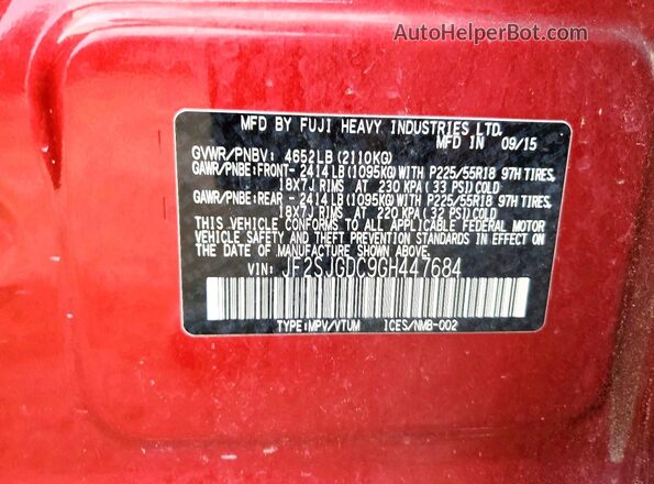 JF2SJGDC9GH447684 2016 SUBARU FORESTER2. Красный Вид наклейки с VIN-кодом