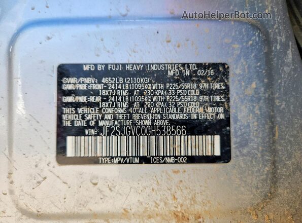 JF2SJGVC0GH538566 2016 SUBARU FORESTER Silver Вид наклейки з VIN-кодом