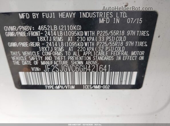 JF2SJGVC6GH421641 2016 SUBARU FORESTER2. Белый Вид подкапотного пространства