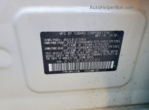 JF2SJGWC9JH566968 2018 SUBARU FORESTER2. White Widok naklejki z numerem VIN