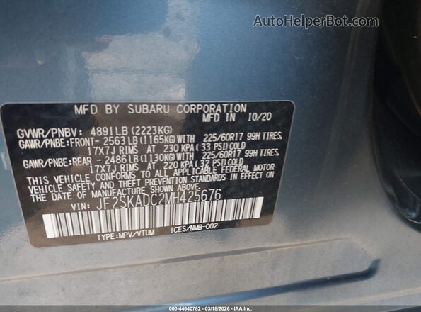JF2SKADC2MH425676 2021 SUBARU FORESTER Blue ძრავის განყოფილების ხედი