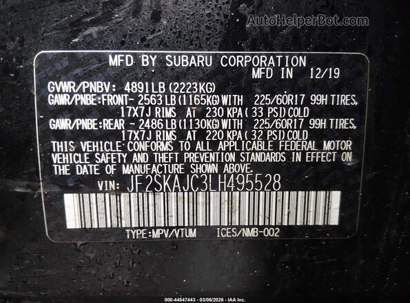 JF2SKAJC3LH495528 2020 SUBARU FORESTER Черный Вид подкапотного пространства