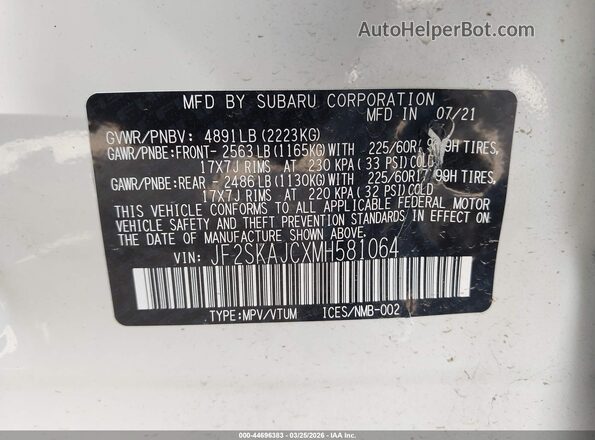 JF2SKAJCXMH581064 2021 SUBARU FORESTER Белый Вид подкапотного пространства