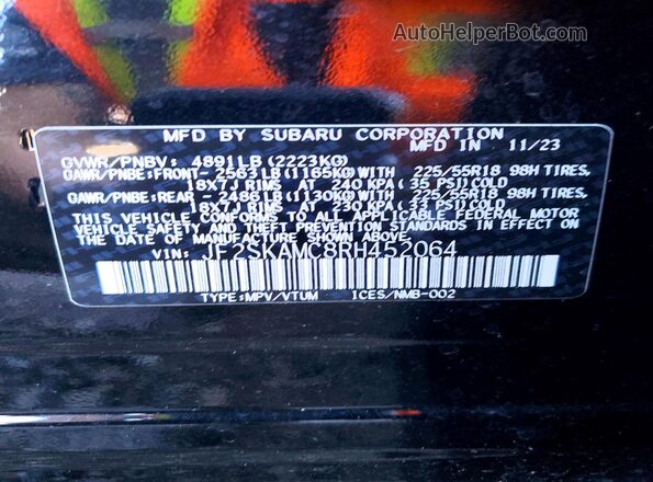 JF2SKAMC8RH452064 2024 SUBARU FORESTER Черный Вид наклейки с VIN-кодом