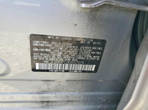 JF2SKAPC0KH557019 2019 SUBARU FORESTER Silver Вид наклейки з VIN-кодом