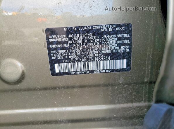JF2SKAPC0NH489244 2022 SUBARU FORESTER Green Vista de la etiqueta del VIN