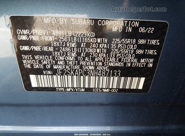 JF2SKAPC3NH487133 2022 SUBARU FORESTER Blue Вид підкапотного простору