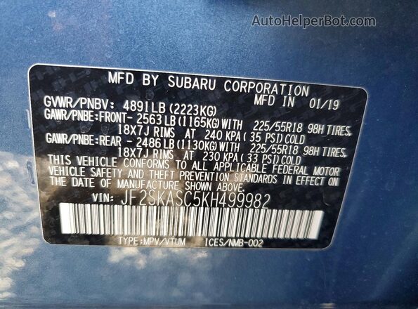 JF2SKASC5KH499982 2019 SUBARU FORESTER Синий Панорамный вид салона 360°