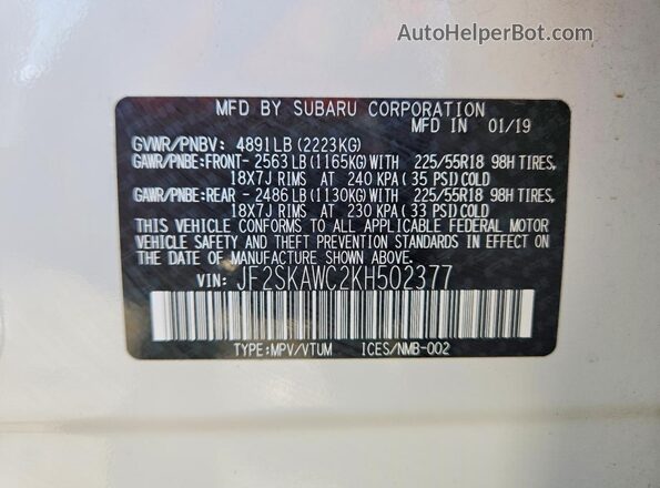 JF2SKAWC2KH502377 2019 SUBARU FORESTER Белый Вид наклейки с VIN-кодом