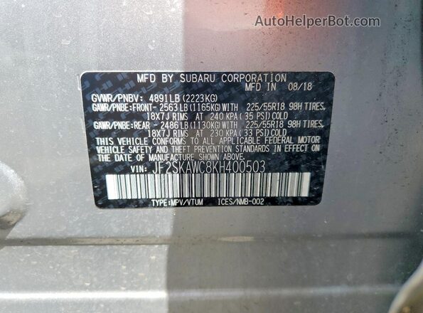 JF2SKAWC8KH400503 2019 SUBARU FORESTER Серебряный Вид наклейки с VIN-кодом