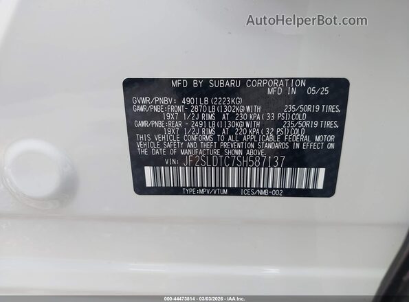 JF2SLDTC7SH587137 2025 SUBARU FORESTER Белый Вид подкапотного пространства