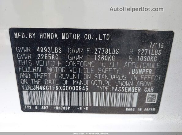 JH4KC1F9XGC000946 2016 ACURA RLX Белый Вид подкапотного пространства