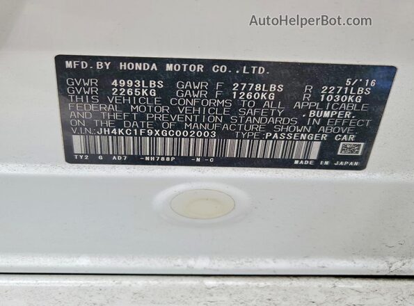 JH4KC1F9XGC002003 2016 ACURA RLX White Widok naklejki z numerem VIN