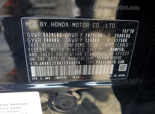 JH4KC2F96LC000474 2020 ACURA RLX Black Vista del compartimento del motor