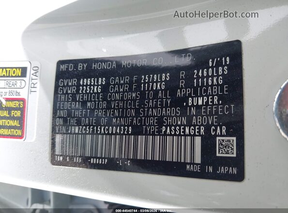 JHMZC5F15KC004329 2019 HONDA CLARITY PLUG-IN HYBRID Белый Вид подкапотного пространства