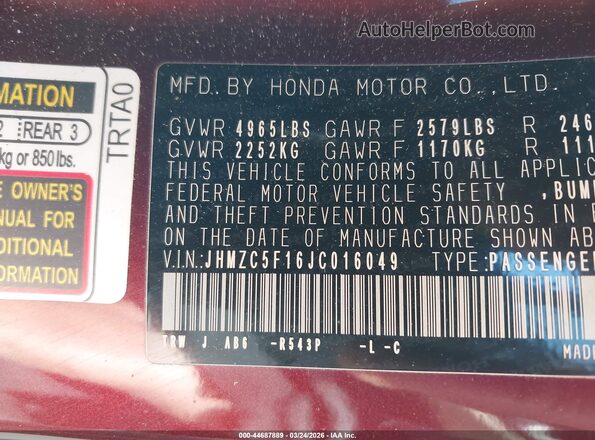 JHMZC5F16JC016049 2018 HONDA CLARITY PLUG-IN HYBRID Burgundy Widok komory silnika