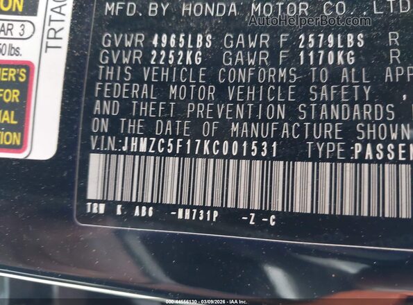 JHMZC5F17KC001531 2019 HONDA CLARITY PLUG-IN HYBRID Черный 