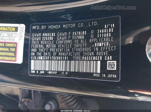 JHMZC5F17KC005191 2019 HONDA CLARITY PLUG-IN HYBRID Black Vista del compartimento del motor